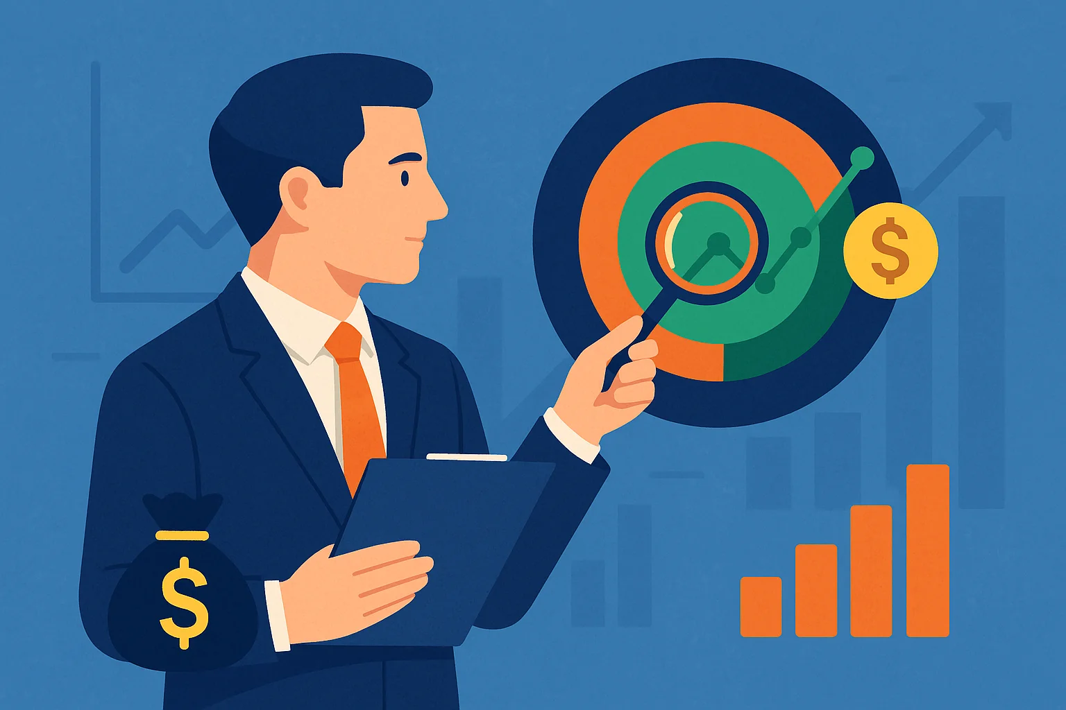 Investidor dentro de círculos com ícones de gráficos, moedas e lupa, representando círculo de competência