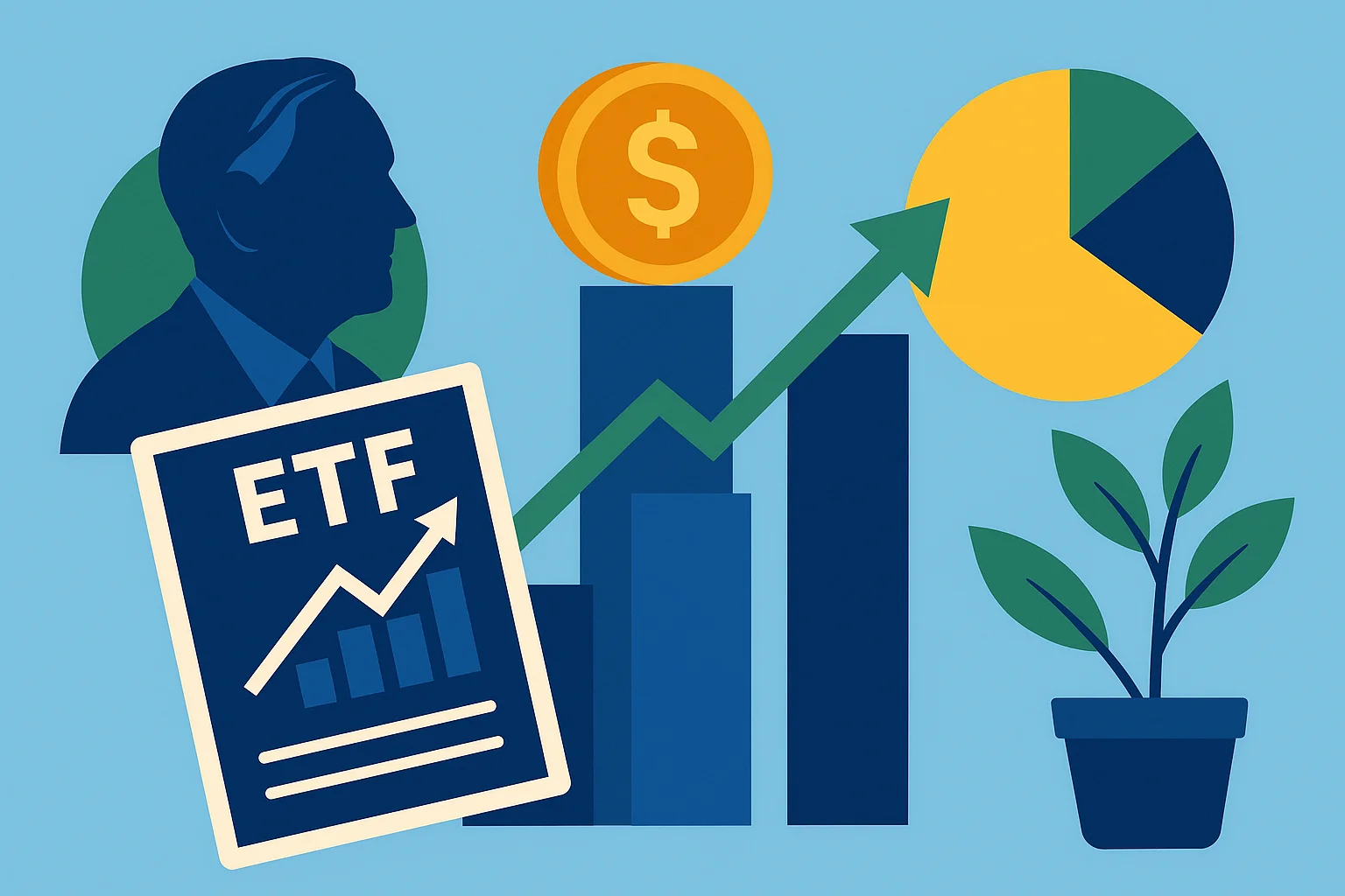 Pessoa analisando gráfico crescente de ETF de baixo custo com moedas e lupa ao lado