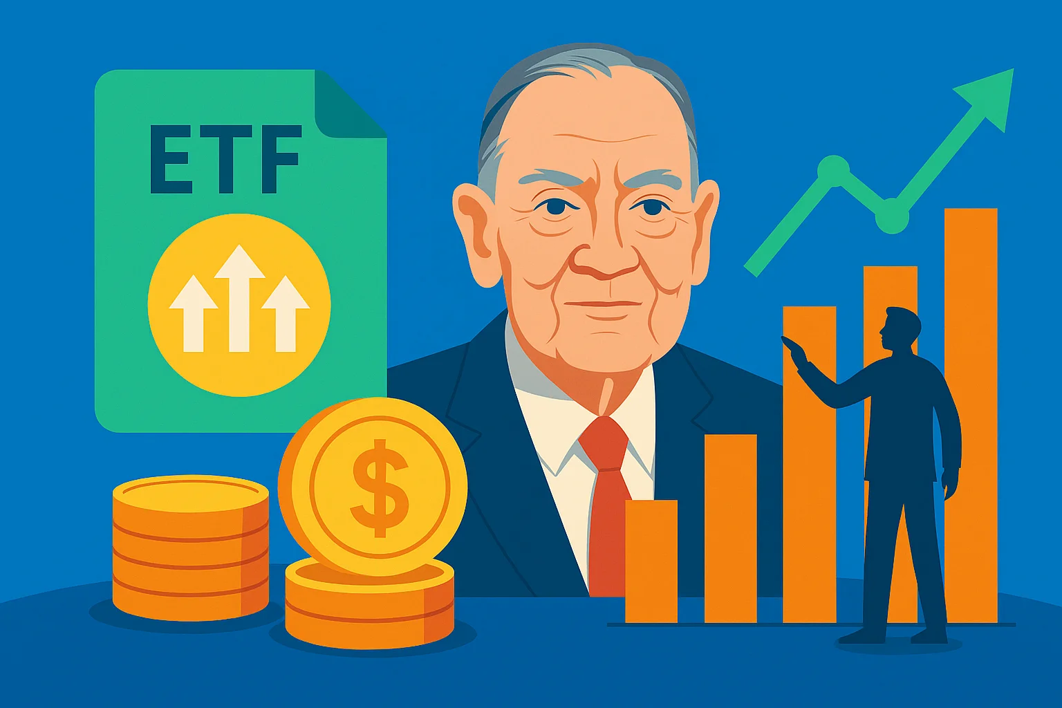 Pessoa segura tablet mostrando gráfico em ascensão e ícones de ETFs ao lado de labirinto simplificado