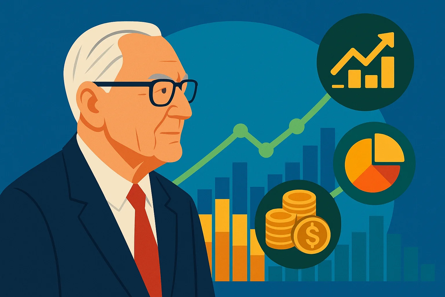 Mãos segurando lupa sobre gráfico de barras ascendentes ao lado de cofrinho e relógio, simbolizando investimento passivo